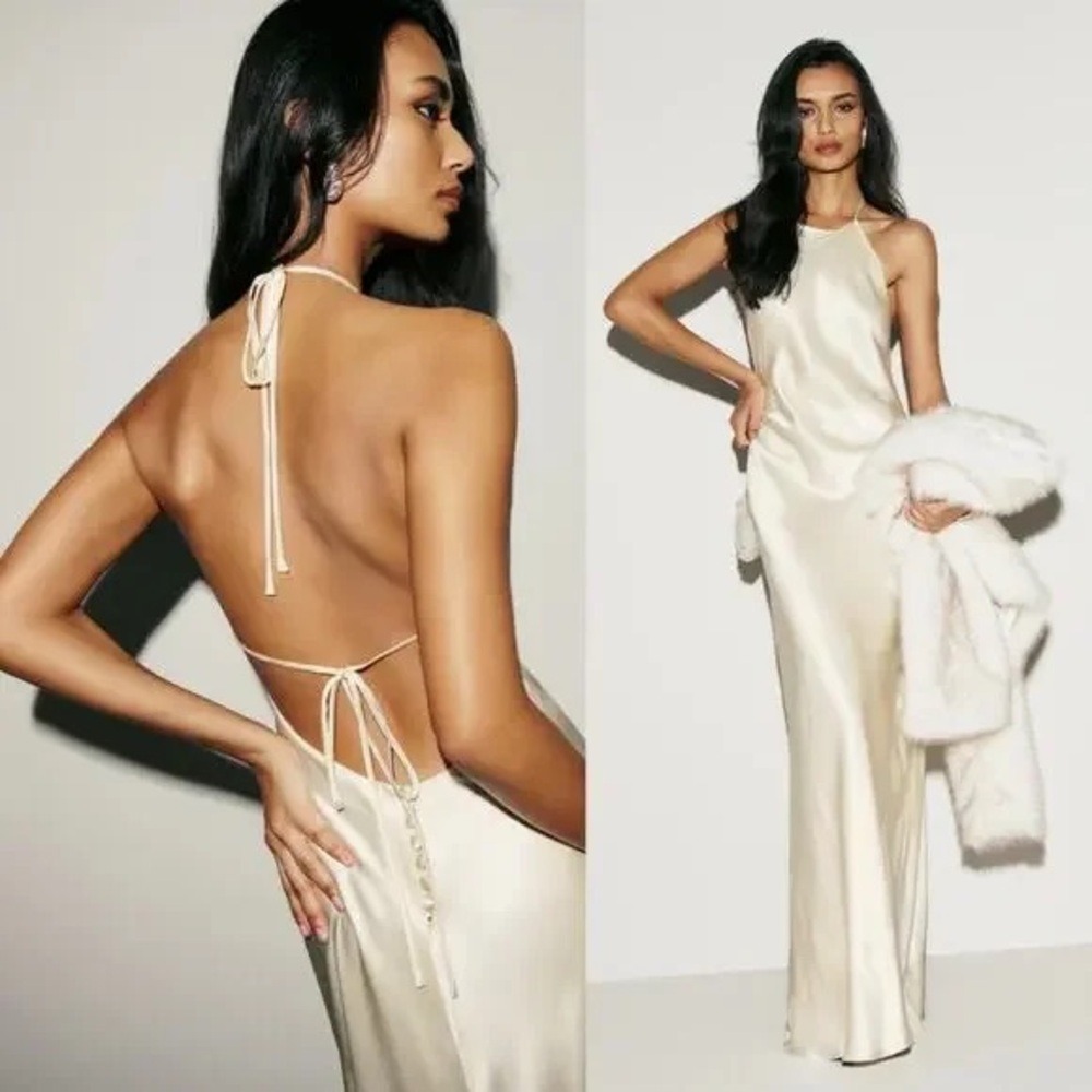 Reformation Champagne Silk Backless Halter Gown - Picture 2 of 11
